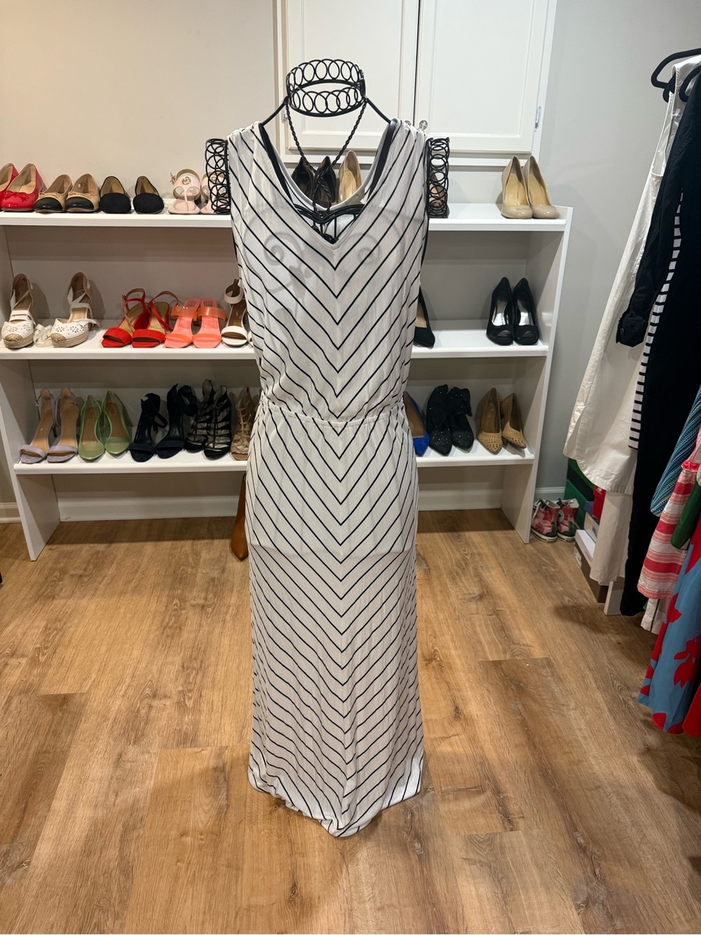 Banana Republic White Maxi Dress with Black Chevron Stripes